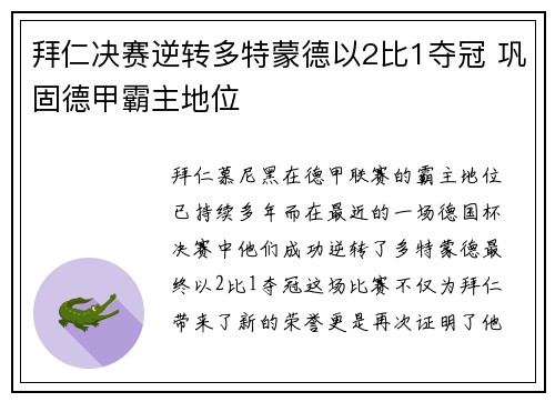 拜仁决赛逆转多特蒙德以2比1夺冠 巩固德甲霸主地位