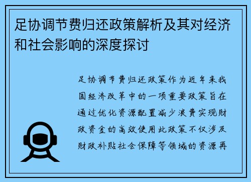 足协调节费归还政策解析及其对经济和社会影响的深度探讨